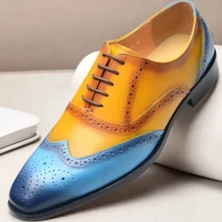 New OUKU Men's Gradient Brogue Oxford Shoes – Premium Cowhide Leather with Yellow and Blue Design, Perfect for Business, Parties, or Formal Occasions Brown / Blue