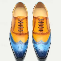 New OUKU Men's Gradient Brogue Oxford Shoes – Premium Cowhide Leather with Yellow and Blue Design, Perfect for Business, Parties, or Formal Occasions Brown / Blue
