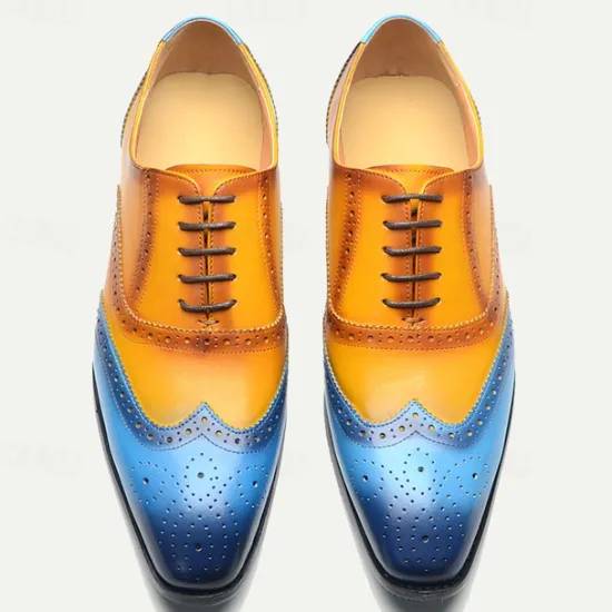 New OUKU Men's Gradient Brogue Oxford Shoes – Premium Cowhide Leather with Yellow and Blue Design, Perfect for Business, Parties, or Formal Occasions Brown / Blue