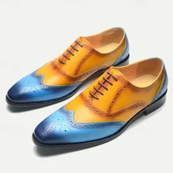 New OUKU Men's Gradient Brogue Oxford Shoes – Premium Cowhide Leather with Yellow and Blue Design, Perfect for Business, Parties, or Formal Occasions Brown / Blue