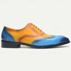 New OUKU Men's Gradient Brogue Oxford Shoes – Premium Cowhide Leather with Yellow and Blue Design, Perfect for Business, Parties, or Formal Occasions Brown / Blue