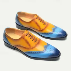 New OUKU Men's Gradient Brogue Oxford Shoes – Premium Cowhide Leather with Yellow and Blue Design, Perfect for Business, Parties, or Formal Occasions Brown / Blue