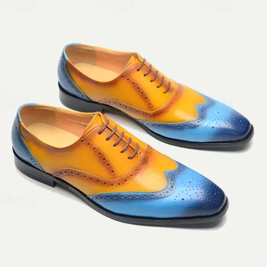 New OUKU Men's Gradient Brogue Oxford Shoes – Premium Cowhide Leather with Yellow and Blue Design, Perfect for Business, Parties, or Formal Occasions Brown / Blue