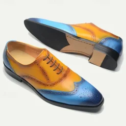 New OUKU Men's Gradient Brogue Oxford Shoes – Premium Cowhide Leather with Yellow and Blue Design, Perfect for Business, Parties, or Formal Occasions Brown / Blue