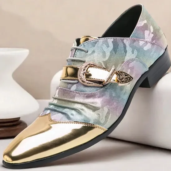 Hot OUKU Men's Gradient Camo Formal Shoes with Metallic Toe Caps and Buckle Detail - Elegant Lace-Up Design for Parties and Special Events Gold