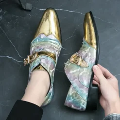 Hot OUKU Men's Gradient Camo Formal Shoes with Metallic Toe Caps and Buckle Detail - Elegant Lace-Up Design for Parties and Special Events Gold
