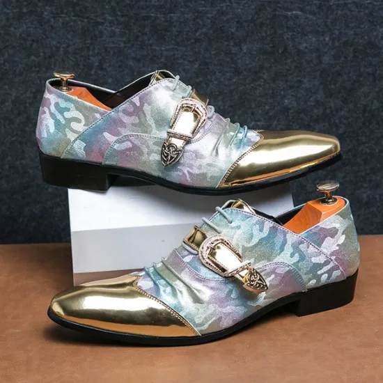Hot OUKU Men's Gradient Camo Formal Shoes with Metallic Toe Caps and Buckle Detail - Elegant Lace-Up Design for Parties and Special Events Gold