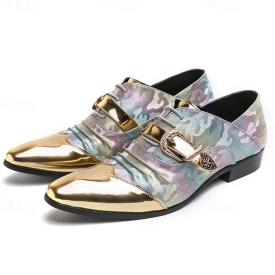 Hot OUKU Men's Gradient Camo Formal Shoes with Metallic Toe Caps and Buckle Detail - Elegant Lace-Up Design for Parties and Special Events Gold