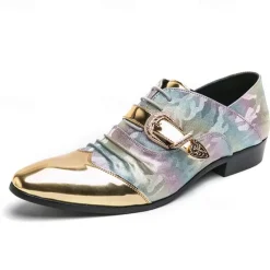 Hot OUKU Men's Gradient Camo Formal Shoes with Metallic Toe Caps and Buckle Detail - Elegant Lace-Up Design for Parties and Special Events Gold