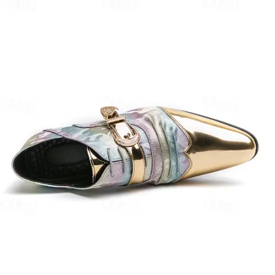 Hot OUKU Men's Gradient Camo Formal Shoes with Metallic Toe Caps and Buckle Detail - Elegant Lace-Up Design for Parties and Special Events Gold