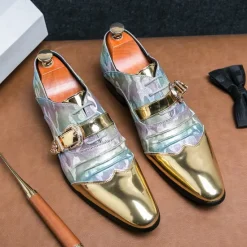 Hot OUKU Men's Gradient Camo Formal Shoes with Metallic Toe Caps and Buckle Detail - Elegant Lace-Up Design for Parties and Special Events Gold
