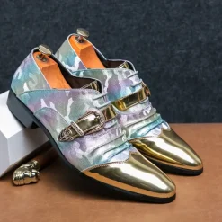 Hot OUKU Men's Gradient Camo Formal Shoes with Metallic Toe Caps and Buckle Detail - Elegant Lace-Up Design for Parties and Special Events Gold