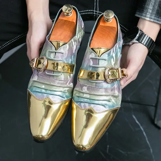 Hot OUKU Men's Gradient Camo Formal Shoes with Metallic Toe Caps and Buckle Detail - Elegant Lace-Up Design for Parties and Special Events Gold