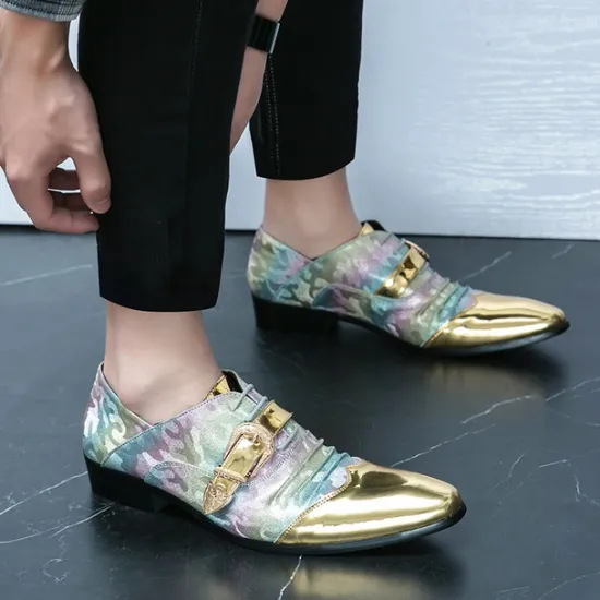 Hot OUKU Men's Gradient Camo Formal Shoes with Metallic Toe Caps and Buckle Detail - Elegant Lace-Up Design for Parties and Special Events Gold