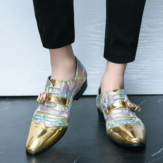 Hot OUKU Men's Gradient Camo Formal Shoes with Metallic Toe Caps and Buckle Detail - Elegant Lace-Up Design for Parties and Special Events Gold