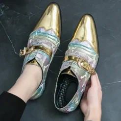Hot OUKU Men's Gradient Camo Formal Shoes with Metallic Toe Caps and Buckle Detail - Elegant Lace-Up Design for Parties and Special Events Gold