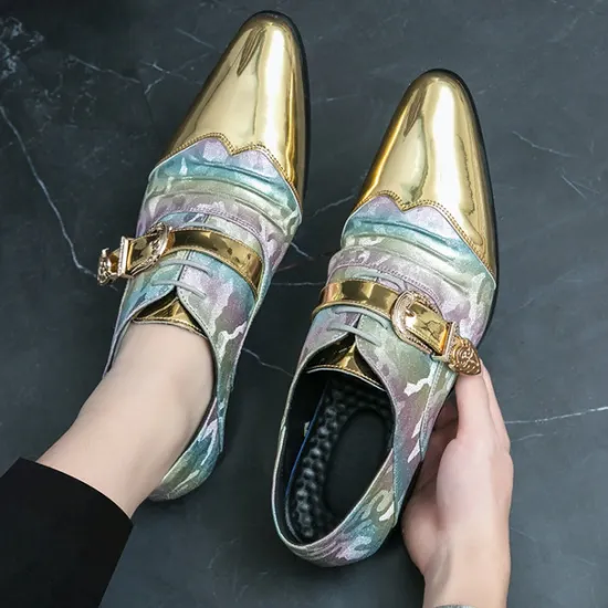 Hot OUKU Men's Gradient Camo Formal Shoes with Metallic Toe Caps and Buckle Detail - Elegant Lace-Up Design for Parties and Special Events Gold