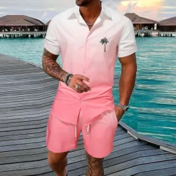 Hot OUKU Men's Gradient Coconut Tree Tropical Plants 2pcs Shirts Sets Summer Hawaiian Shirt Short Sleeve Short Pants Turndown Fashion Streetwear Designer Outdoor Street Casual Print Summer Spring Yellow Pink