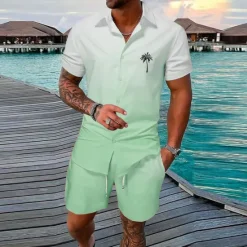 Hot OUKU Men's Gradient Coconut Tree Tropical Plants 2pcs Shirts Sets Summer Hawaiian Shirt Short Sleeve Short Pants Turndown Fashion Streetwear Designer Outdoor Street Casual Print Summer Spring Yellow Pink