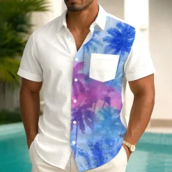 New OUKU Men's Gradient Coconut Tree Tropical Plants Summer Hawaiian Shirt Button Up Shirt Aloha Shirt Short Sleeve Hawaiian Holiday Beach Wear Summer Spring Turndown 3D Print Collared Shirts Front One Pocket