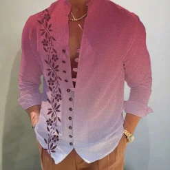 Discount OUKU Men's Gradient Leaves Shirt Button Up Shirt Long Sleeve Fashion Streetwear Designer Outdoor Casual Daily Summer Spring Fall Stand Collar Print Blue-Green Yellow Pink Blue Purple