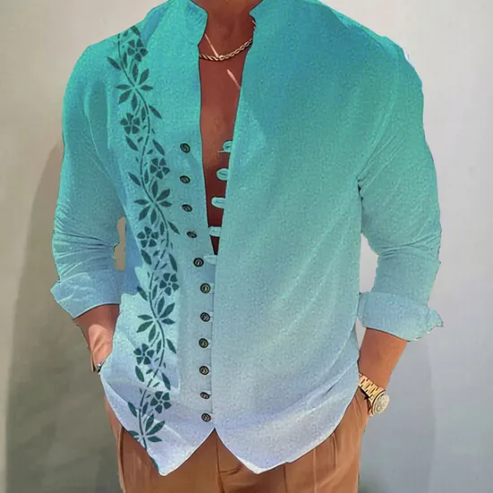 Discount OUKU Men's Gradient Leaves Shirt Button Up Shirt Long Sleeve Fashion Streetwear Designer Outdoor Casual Daily Summer Spring Fall Stand Collar Print Blue-Green Yellow Pink Blue Purple