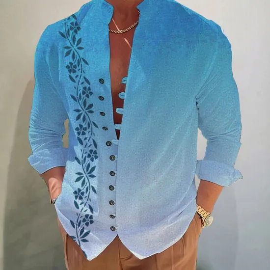 Discount OUKU Men's Gradient Leaves Shirt Button Up Shirt Long Sleeve Fashion Streetwear Designer Outdoor Casual Daily Summer Spring Fall Stand Collar Print Blue-Green Yellow Pink Blue Purple