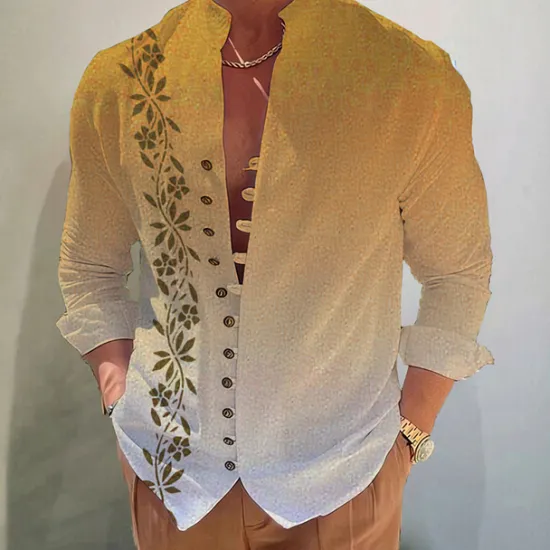 Discount OUKU Men's Gradient Leaves Shirt Button Up Shirt Long Sleeve Fashion Streetwear Designer Outdoor Casual Daily Summer Spring Fall Stand Collar Print Blue-Green Yellow Pink Blue Purple