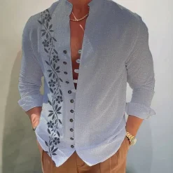 Discount OUKU Men's Gradient Leaves Shirt Button Up Shirt Long Sleeve Fashion Streetwear Designer Outdoor Casual Daily Summer Spring Fall Stand Collar Print Blue-Green Yellow Pink Blue Purple