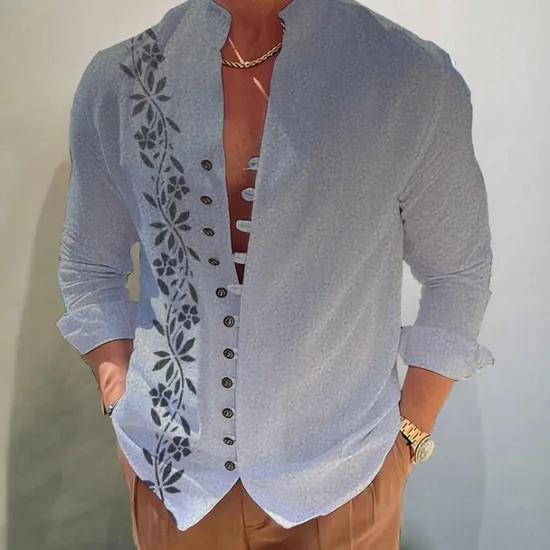 Discount OUKU Men's Gradient Leaves Shirt Button Up Shirt Long Sleeve Fashion Streetwear Designer Outdoor Casual Daily Summer Spring Fall Stand Collar Print Blue-Green Yellow Pink Blue Purple