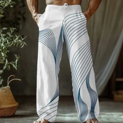 Sale OUKU Men's Gradient Lines / Waves Trousers Baggy Pants Casual Pants Mid Waist Classic Style Outdoor Vacation Side Pockets Elastic Waist Wide Leg Summer Spring 3D Print Pink Blue Purple