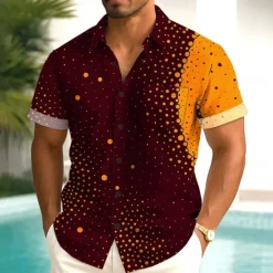 OUKU Men's Gradient Round Dots Shirt Summer Shirt Button Up Shirt Short Sleeve Fashion Casual Outdoor Vacation Dailywear Summer Spring Turndown 3D Print Collared Shirts Front One Pocket Dark Red Dark