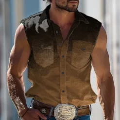 Best OUKU Men's Gradient Shirt Western Shirt Cowboy Shirt Sleeveless Western Style Outdoor Causal Summer Spring Shirt Collar Khaki