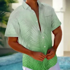 Online OUKU Men's Gradient Tropical Palm Leaf Summer Hawaiian Shirt Button Up Shirt Aloha Shirt Short Sleeve Hawaiian Holiday Beach Wear Summer Spring Turndown 3D Print Collared Shirts Front One Pocket Pink Blue