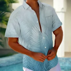 Online OUKU Men's Gradient Tropical Palm Leaf Summer Hawaiian Shirt Button Up Shirt Aloha Shirt Short Sleeve Hawaiian Holiday Beach Wear Summer Spring Turndown 3D Print Collared Shirts Front One Pocket Pink Blue