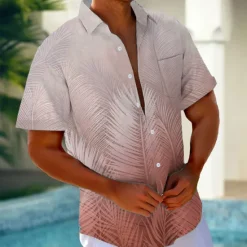 Online OUKU Men's Gradient Tropical Palm Leaf Summer Hawaiian Shirt Button Up Shirt Aloha Shirt Short Sleeve Hawaiian Holiday Beach Wear Summer Spring Turndown 3D Print Collared Shirts Front One Pocket Pink Blue