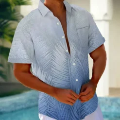 Online OUKU Men's Gradient Tropical Palm Leaf Summer Hawaiian Shirt Button Up Shirt Aloha Shirt Short Sleeve Hawaiian Holiday Beach Wear Summer Spring Turndown 3D Print Collared Shirts Front One Pocket Pink Blue