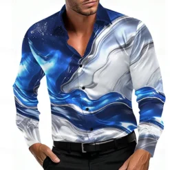 New OUKU Men's Gradient Waves Marble Shirt Satin Shirt Dress Shirt Long Sleeve Fashion Casual Vacation Dailywear Summer Spring Fall Turndown 3D Print Button Up Shirts Blue Purple Green