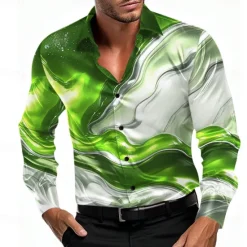 New OUKU Men's Gradient Waves Marble Shirt Satin Shirt Dress Shirt Long Sleeve Fashion Casual Vacation Dailywear Summer Spring Fall Turndown 3D Print Button Up Shirts Blue Purple Green