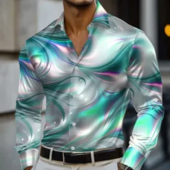 Hot OUKU Men's Gradient Waves Marble Shirt Satin Shirt Dress Shirt Long Sleeve Fashion Casual Vacation Dailywear Summer Spring Fall Turndown 3D Print Button Up Shirts Red Blue Purple Green