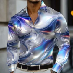 Hot OUKU Men's Gradient Waves Marble Shirt Satin Shirt Dress Shirt Long Sleeve Fashion Casual Vacation Dailywear Summer Spring Fall Turndown 3D Print Button Up Shirts Red Blue Purple Green