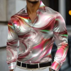 Hot OUKU Men's Gradient Waves Marble Shirt Satin Shirt Dress Shirt Long Sleeve Fashion Casual Vacation Dailywear Summer Spring Fall Turndown 3D Print Button Up Shirts Red Blue Purple Green