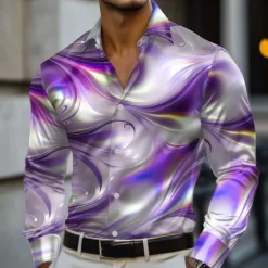 Hot OUKU Men's Gradient Waves Marble Shirt Satin Shirt Dress Shirt Long Sleeve Fashion Casual Vacation Dailywear Summer Spring Fall Turndown 3D Print Button Up Shirts Red Blue Purple Green