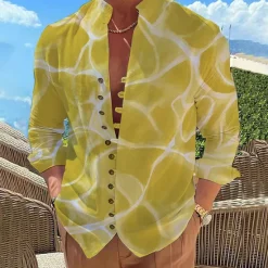 Clearance OUKU Men's Gradient Waves Seascape Pattern Shirt Summer Hawaiian Shirt Aloha Shirt Long Sleeve Shirt Stand Collar Fashion Designer Casual Outdoor Vacation Street Yellow Red Blue S M L