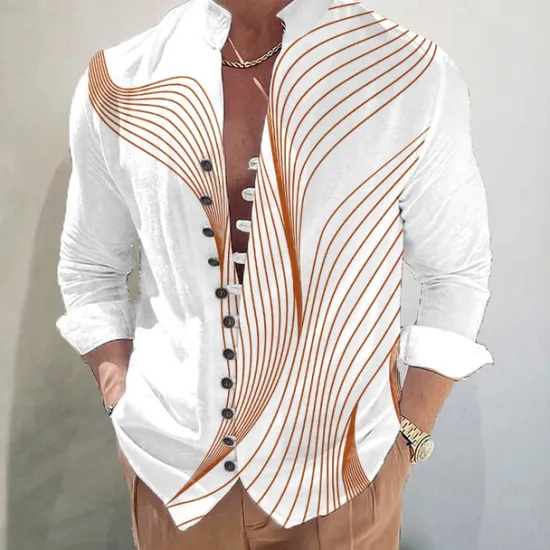 Clearance OUKU Men's Gradient Waves Shirt Stand Collar Shirt Long Sleeve Casual Vacation Daily Wear Going out Spring Fall Mandarin Collar Band Collar Button-Down Linen Like Shirt Blue Orange Green Dark Blue