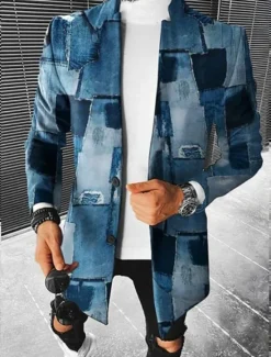 New OUKU Men's Gradual Winter Coat Overcoat Coat Warm Breathable Comfortable Fashion Streetwear Business Work Wear to work Going out Pocket Print Fall & Winter Turndown Long Sleeve Royal Blue Blue Ink Blue