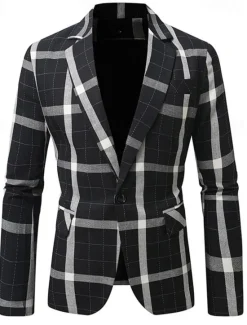 Clearance OUKU Men's Graduation Blazer Business Cocktail Party Wedding Party Fashion Casual Spring Autumn / Fall Polyester Plaid Pocket Buttons Comfortable Single Breasted Blazer Black Brown Coffee Gray