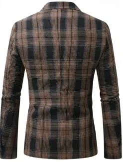 Clearance OUKU Men's Graduation Blazer Business Cocktail Party Wedding Party Fashion Casual Spring Autumn / Fall Polyester Plaid Pocket Buttons Comfortable Single Breasted Blazer Black Brown Coffee Gray