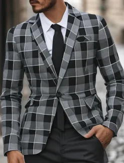 Clearance OUKU Men's Graduation Blazer Business Cocktail Party Wedding Party Fashion Casual Spring Autumn / Fall Polyester Plaid Pocket Buttons Comfortable Single Breasted Blazer Black Brown Coffee Gray