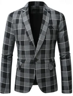Clearance OUKU Men's Graduation Blazer Business Cocktail Party Wedding Party Fashion Casual Spring Autumn / Fall Polyester Plaid Pocket Buttons Comfortable Single Breasted Blazer Black Brown Coffee Gray